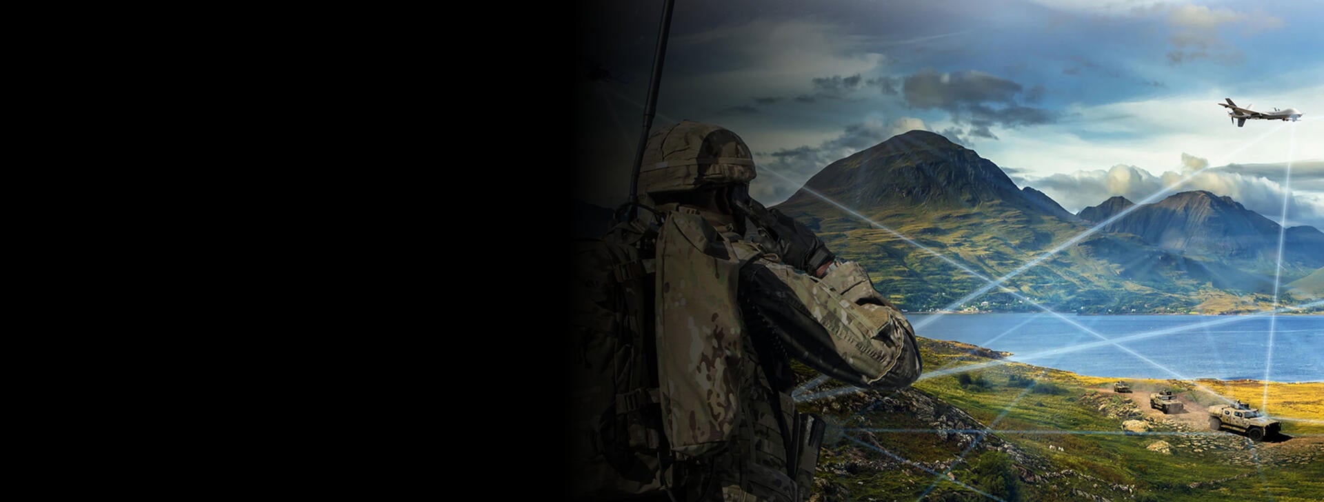 Soldier looks at battlefield with assets linked on network