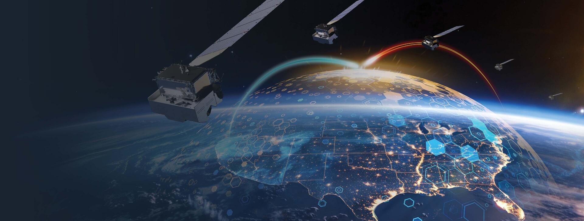 Satellites hover over earth with dome above United States