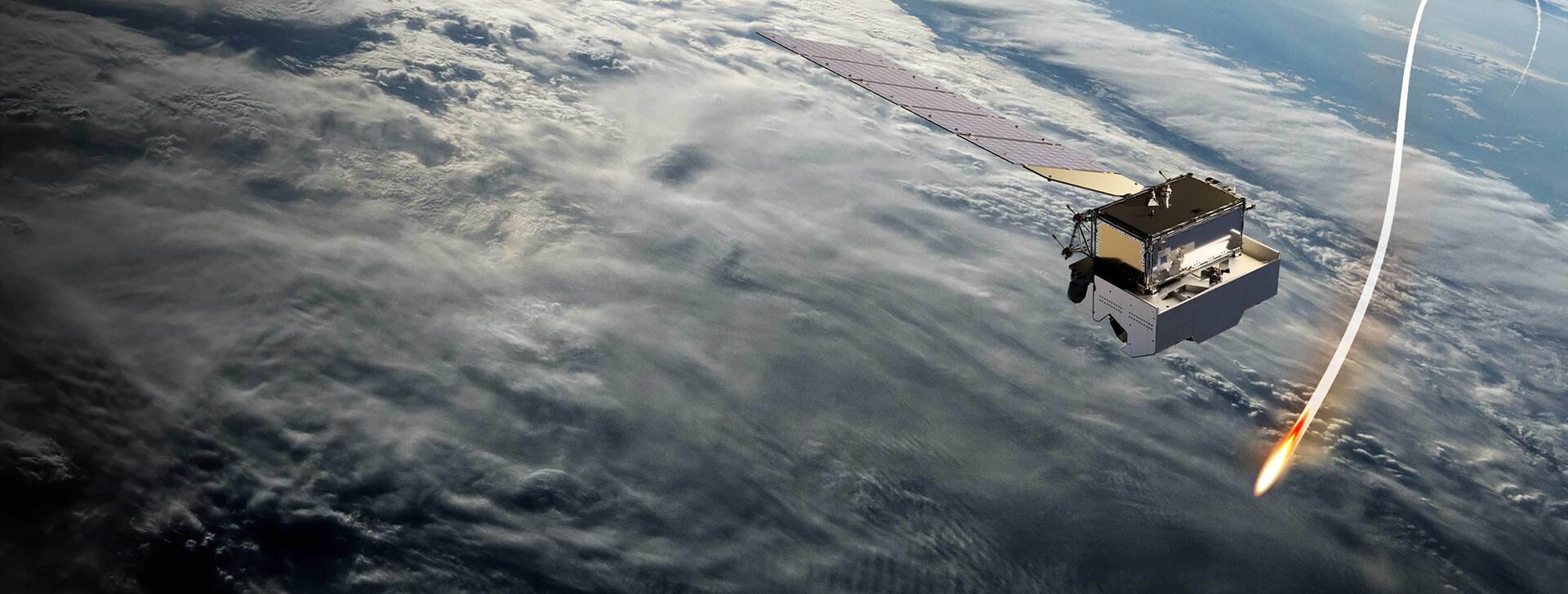 Satellite hovers above atmosphere with missile passing by