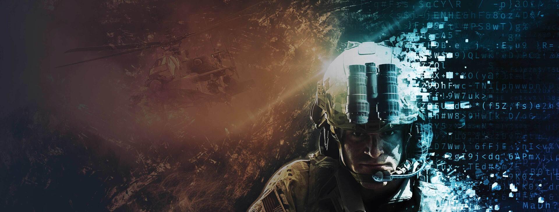 soldier surrounded by clouds with digital links