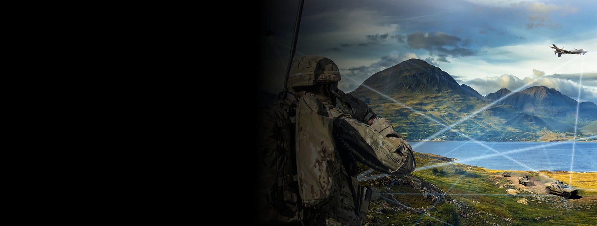 Soldier looks at battlefield with assets linked on network