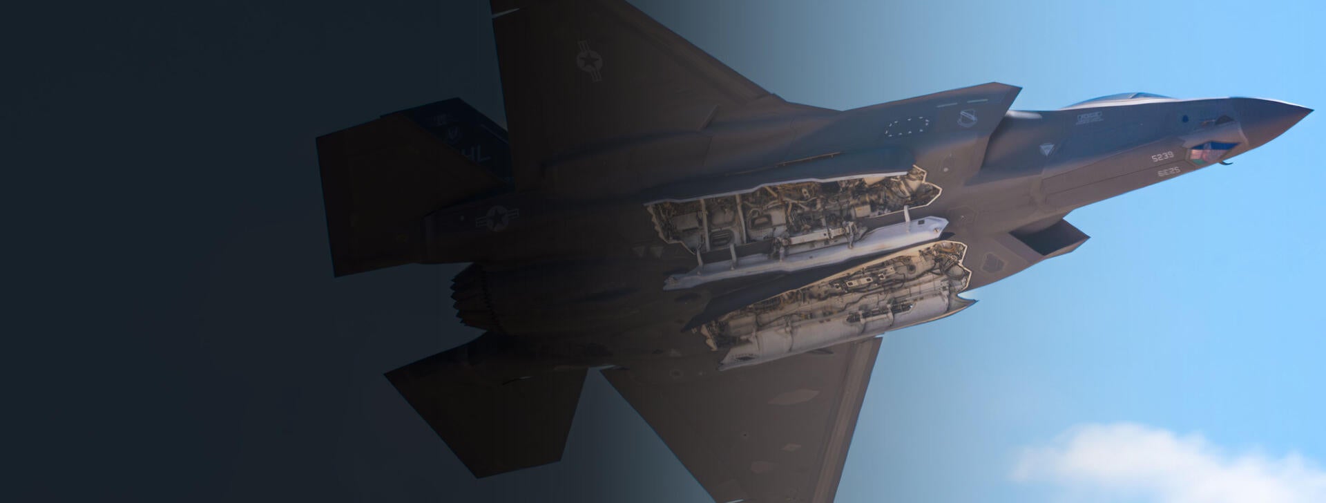 A U.S. Air Force F-35A Lightning II aircraft performs a weapons bay door pass