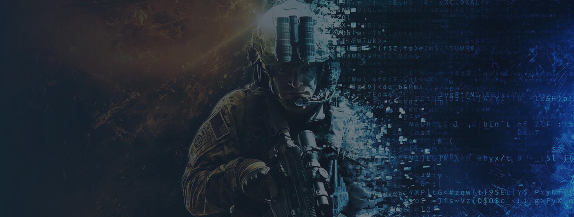 Soldier stands with digital pixels around going from orange to blue