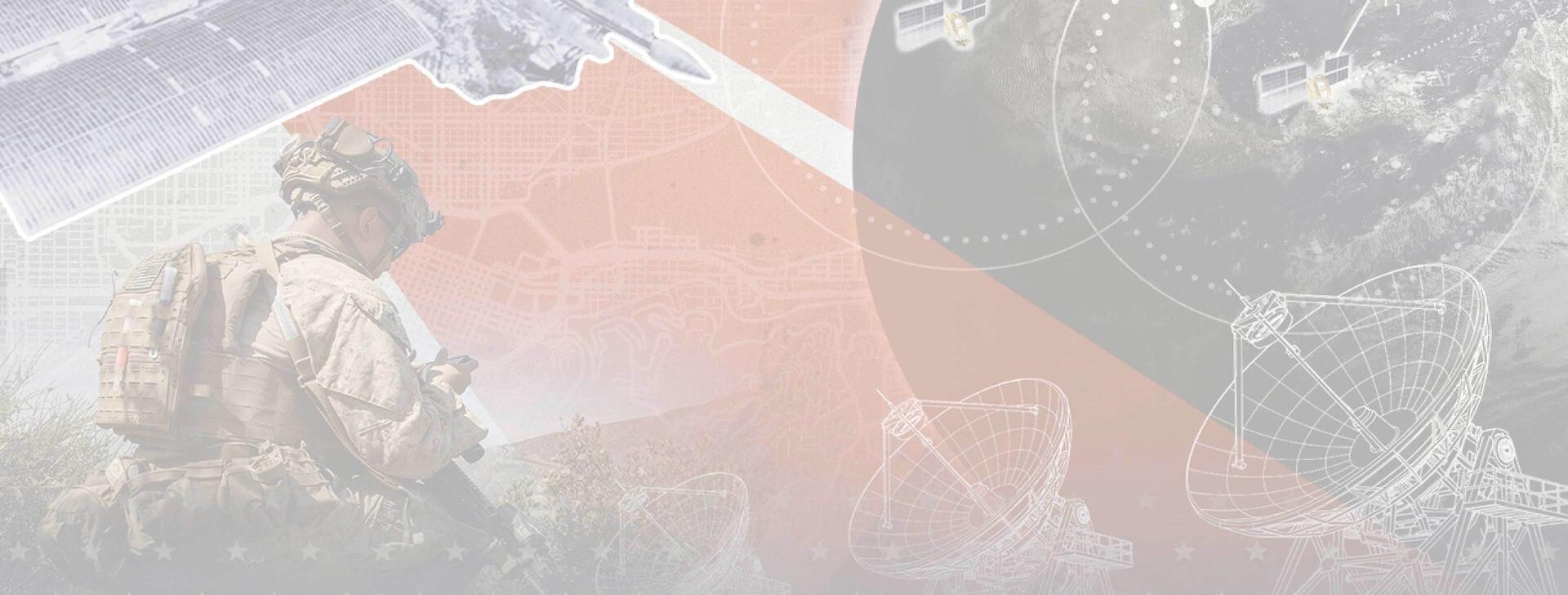 Graphical banner of old-school satellite with modern satellites circling globe and soldier checking radio
