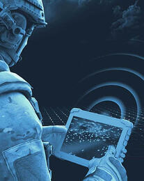 Digital image of soldier looking at tablet that is relaying signal