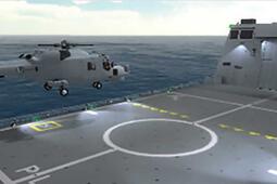 Rendering of helicopter landing on aircraft carrier