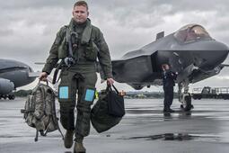 Daniel Daehler, 944th Operations Group Det. 2, F-35 instructor pilot, walks off the flightline at Royal Air Force Fairford, England, after flying a F-35 Lightning II from Luke Air Force Base, Arizona, to RAF Fairford making it his first trans-Atlantic flight and the first U.S. Air Force F-35 trans-Atlantic flight. The trip to the United Kingdom was in support of the Royal International Air Tattoo at Fairford in southern England. The group from Luke flew three F-35’s to the air show.