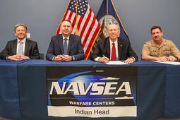 Aerojet Rocketdyne Teams with Indian Head Naval Surface Warfare Center Pictured left to right: Tyler Evans, President of Missile Solutions, Aerojet Rocketdyne; Ross Niebergall, President, Aerojet Rocketdyne; Ashley Johnson, Technical Director, NSWC IHD; Navy Capt. Steve Duba, Commanding Officer, NSWC IHD