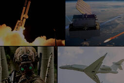 Collage of rocket launching, satellite in space, a soldier with night vision goggles and a jet