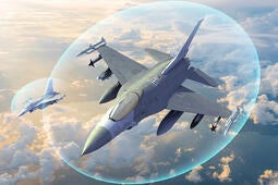 L3Harris render of Viper Shield, a virtual electronic shield, around the soaring F-16 aircraft, thumbnail image