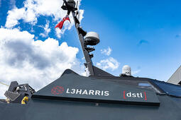 Top of the Defence Science and Technology Laboratory’s MAST-13 uncrewed surface vehicle (USV) where L3Harris' advanced Distributed Spectrum Collaboration and Operations (DiSCO) technology is showcased. Thumbnail image