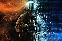 soldier surrounded by clouds with digital links