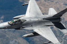 U.S. Air Force F-16 Fighting Falcon assigned to the 16th Weapons Squadron flies over the Nevada Test and Training Range during a Weapons School Integration (WSINT) mission, June 9, 2025. Credit: Staff Sgt. Jose Miguel T. Tamondong