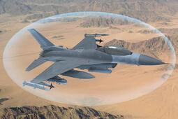 L3Harris render of Viper Shield, a virtual electronic shield, around the soaring F-16 aircraft, thumbnail image