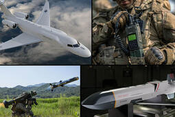 Collage of L3Harris 2025 milestones: Jet, soldier with radio, shoulder-launched missile and a missile on a platform