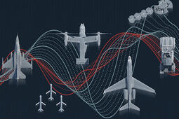 L3Harris illustration of Electronic Warfare platforms with data waveform curves in background