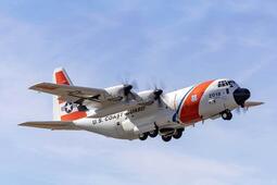 A U.S. Coast Guard C-130J aircraft during a test flight at L3Harris’ facility in Waco, Texas