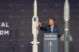Secretary of War Pete Hegseth addresses a crowd of approximately 1,500 L3Harris employees in Camden, Arkansas, as part of his “Arsenal of Freedom” tour.