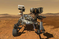 An illustration of NASA's Perseverance rover on the surface of Mars.