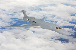 L3Harris' concept graphic of the right side, forward view of the AERIS X Bombardier Global 6500 Variant in flight with sky and cloud background thumbnail image