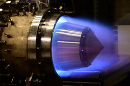 A Rotating Detonation Engine being hot fire tested at Purdue University’s Zucrow Laboratories.