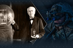 Archive image of Thomas Edison with modern image of soldier with night vision goggles