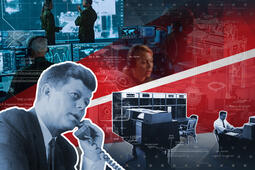 President JFK talks on phone with modern-day communications in background