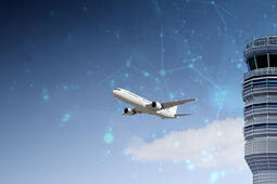 L3Harris' Air Traffic Management Solutions render of aircraft in flight and control tower off to the side. Thumbnail image