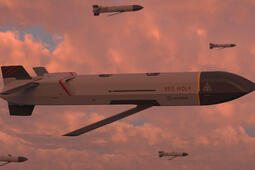 Launched effects fly through a red sky