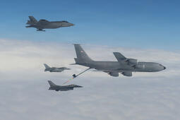 U.S. Air Force KC-135 Stratotanker conducts mid-air refueling for a F-16 Fighting Falcon. Credit: U.S. Air Force