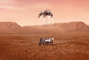 An illustration of NASA's Perseverance rover landing safely on Mars. CREDIT: NASA