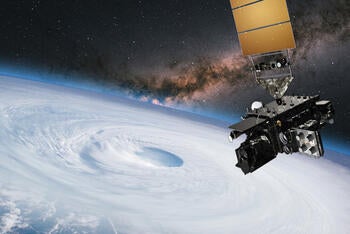 Satellite hovers in space over earth and the eye of a hurricane