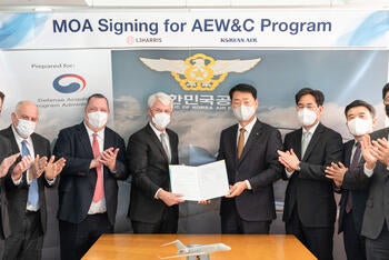 Leadership from L3Harris, IAI/ELTA and Korean Air Lines present an agreement between the companies to supply the next generation of survivable high-altitude airborne early warning and control aircraft to the Republic of Korea.