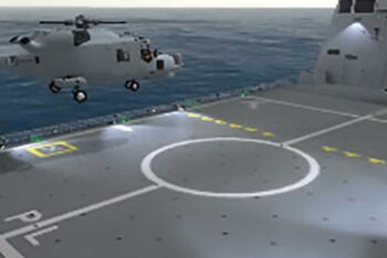 Rendering of helicopter landing on aircraft carrier