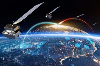 Satellites hover over earth with dome surrounding United States