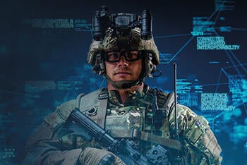 UK soldier wearing camo, helmet and goggles surrounded by data streams and connections