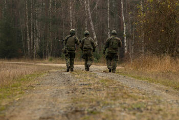 German soldiers patrol through woods