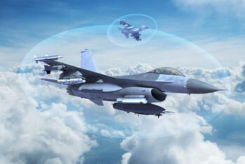L3Harris render of Viper Shield, a virtual electronic shield, around the soaring F-16 aircraft