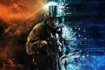 soldier surrounded by clouds with digital links