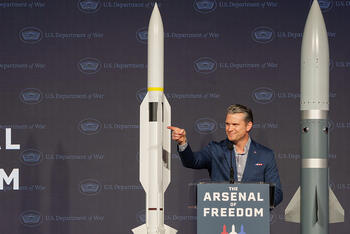 Secretary of War Pete Hegseth addresses a crowd of approximately 1,500 L3Harris employees in Camden, Arkansas, as part of his “Arsenal of Freedom” tour.