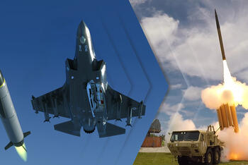 From left to right, a missiles glides through air, a jet flies through sky and a missile fires out of a launcher