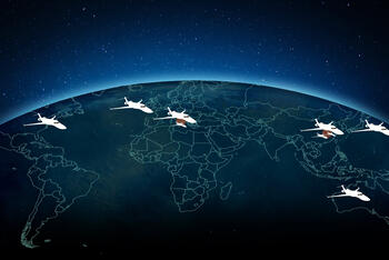 Illustration of earth horizon with countries outlined and with space background