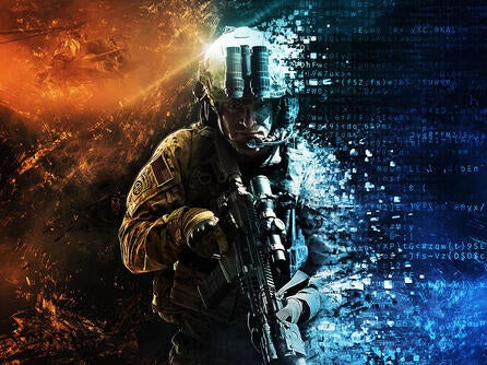 soldier surrounded by clouds with digital links