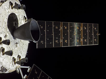 The Orion Main Engine on Orion’s service module is prominently featured in this image from flight day 22 of the Artemis I mission in 2022.