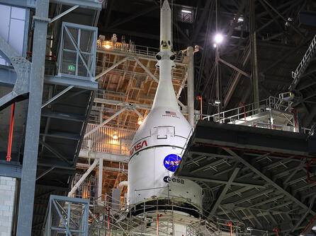 The Orion spacecraft for NASA’s Artemis II mission is stacked on the Space Launch System (SLS) rocket in High Bay 3 of the Vehicle Assembly Building at Kennedy Space Center in Florida.