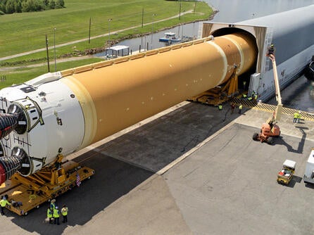 Core Stage for Artemis II Rocket Moved to Pegasus Barge for Departure to Kennedy Space Center. Image Credit: NASA