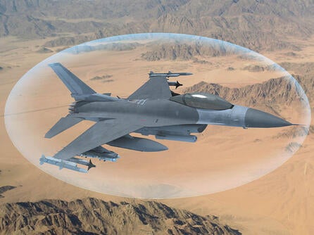 L3Harris render of Viper Shield, a virtual electronic shield, around the soaring F-16 aircraft, thumbnail image