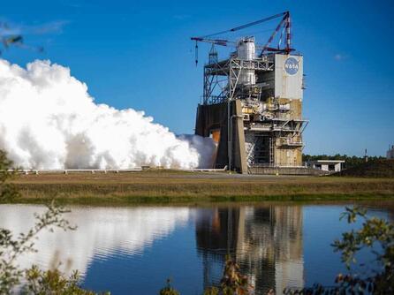 NASA and L3Harris conducted a full-duration RS-25 hot fire test Nov. 11 on the Fred Haise Test Stand at Stennis Space Center near Bay St. Louis, Mississippi, marking a major milestone for future Artemis flights of the Space Launch System rocket.