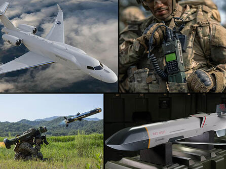 Collage of L3Harris 2025 milestones: Jet, soldier with radio, shoulder-launched missile and a missile on a platform