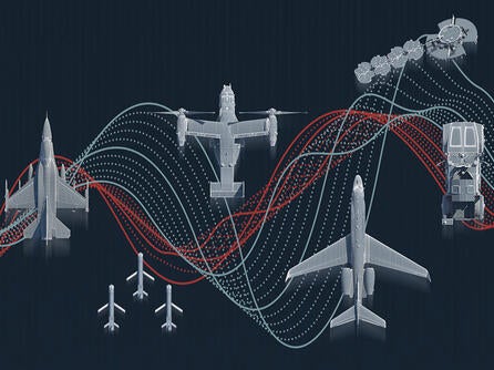 L3Harris illustration of Electronic Warfare platforms with data waveform curves in background